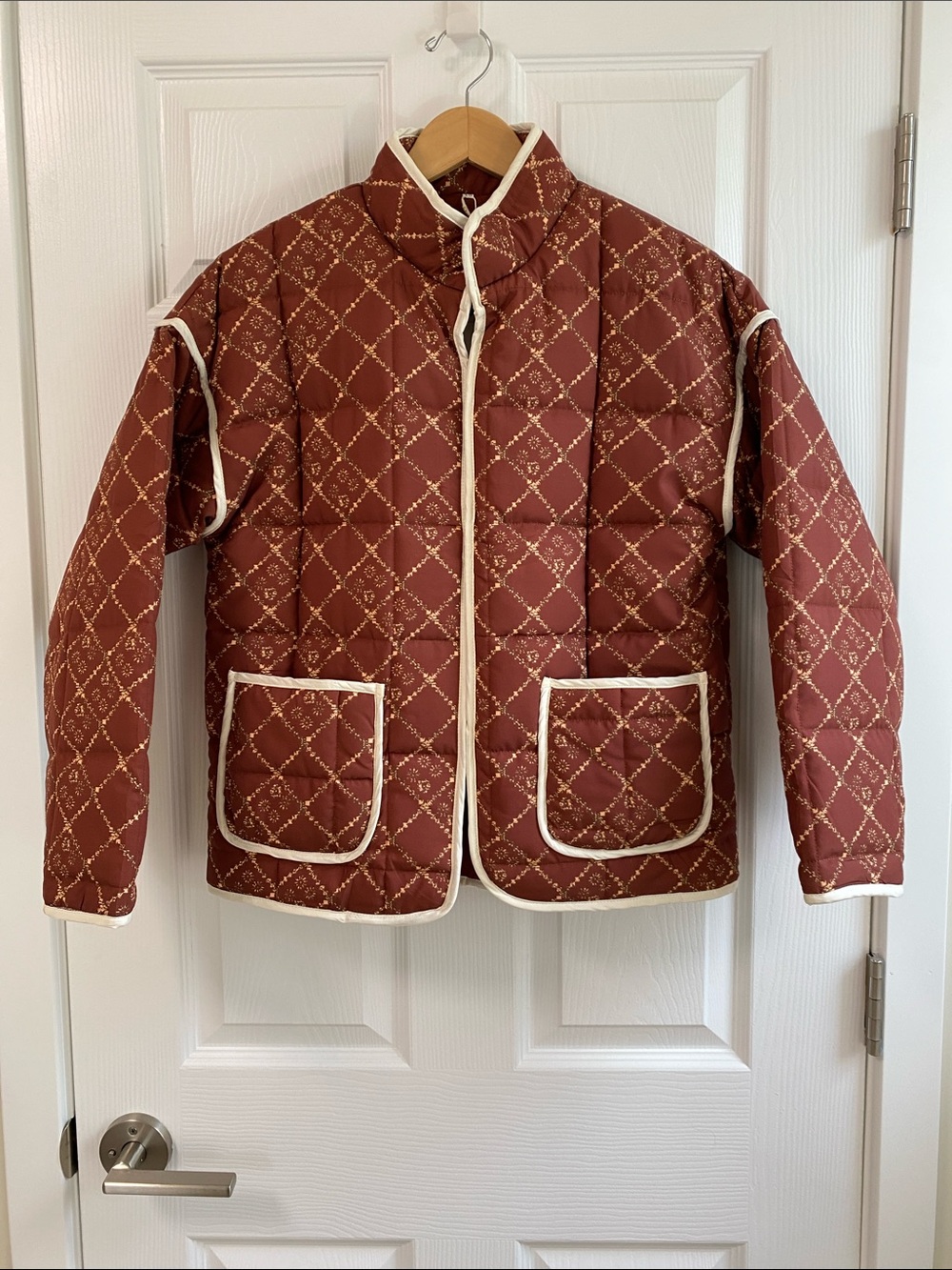 Quilted Brown Patterned Women's Jacket with Contrast Trim